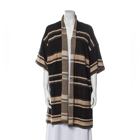 Vince | Wool Striped Short Sleeve Sweater with Open Front - Picture 1 of 5